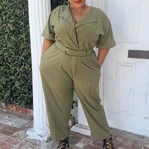 SONCY CROSS OVER JUMPSUIT WITH BELT Olive Green Size 26 NWT SONCY Vanity Size 4